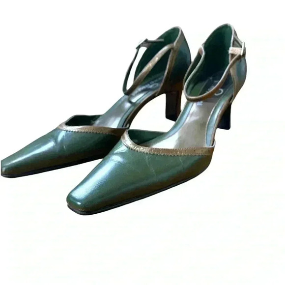 Vintage Pierre Michel Delicate Olive Green w Bronze Trim, Ankle  Strap Heels - Picture 3 of 13